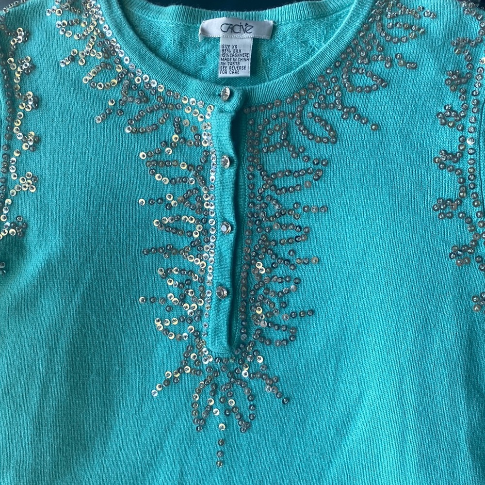 Cache Sz M Teal Silk Cashmere Blend Beaded Bling Sweater.